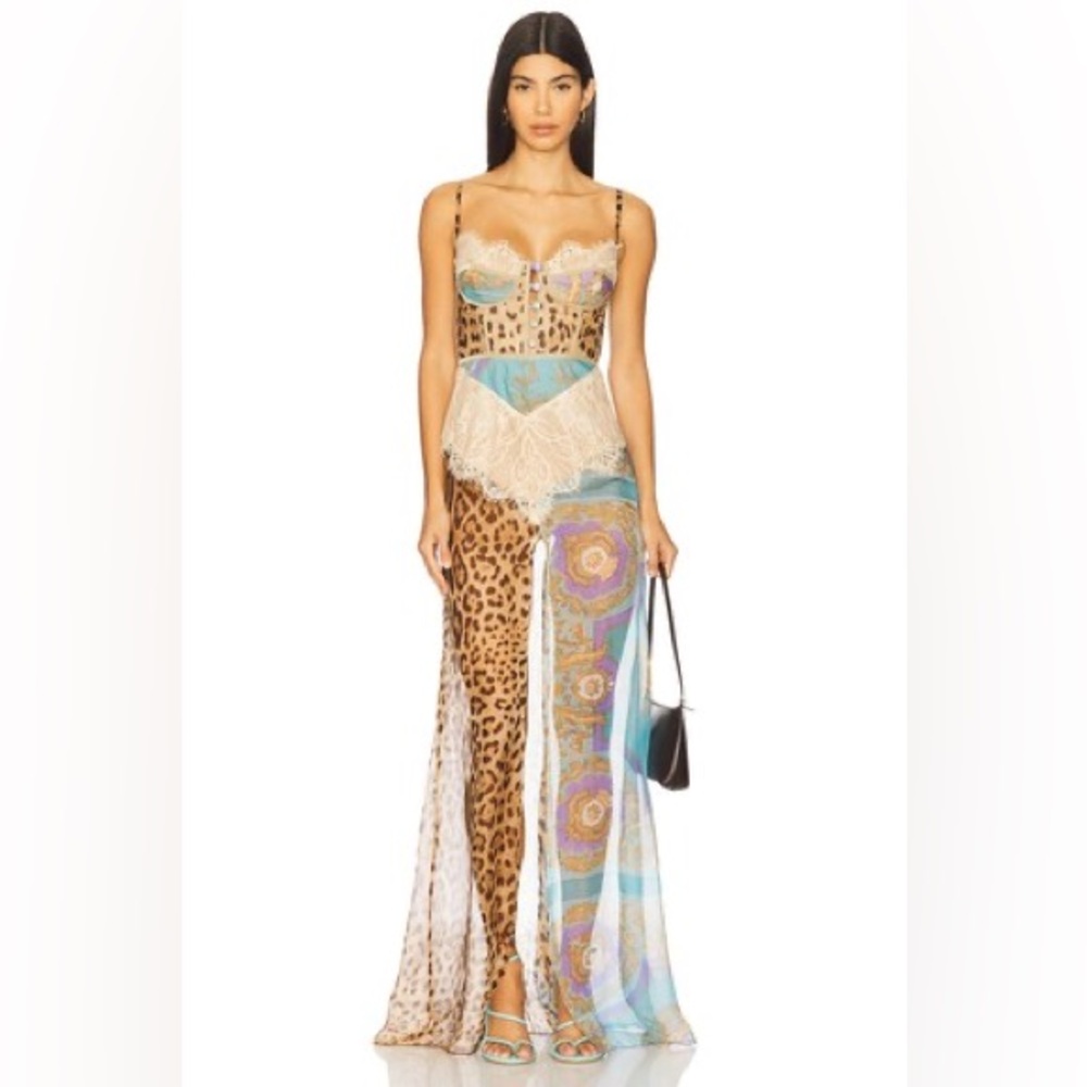 NWT Chiffon Splicing Lace Split Leopard Print Max… - image 2